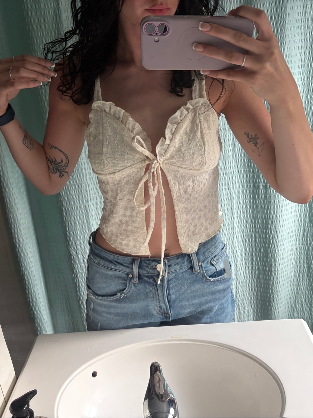SHEIN Beige Ruffled Textured Top - Open Front - Picture 3 of 3